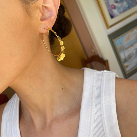 14KT Yellow Gold Thin Tube Dangling Circles Hoop Earrings 47mm