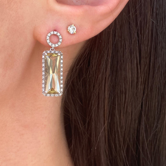 14KT White Gold Pave Diamond + Halo Lime Quartz Dangle Earrings - Legacy Saint Jewelry