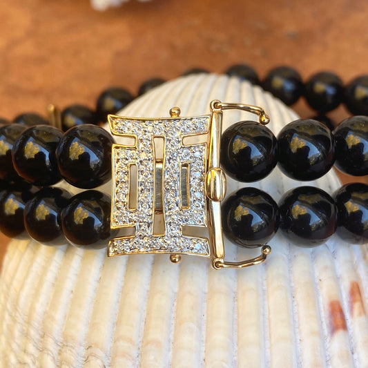 Estate 14KT Yellow Gold Black Onyx + .08 CT Pave Diamond Double Row Beaded Bracelet - Legacy Saint Jewelry