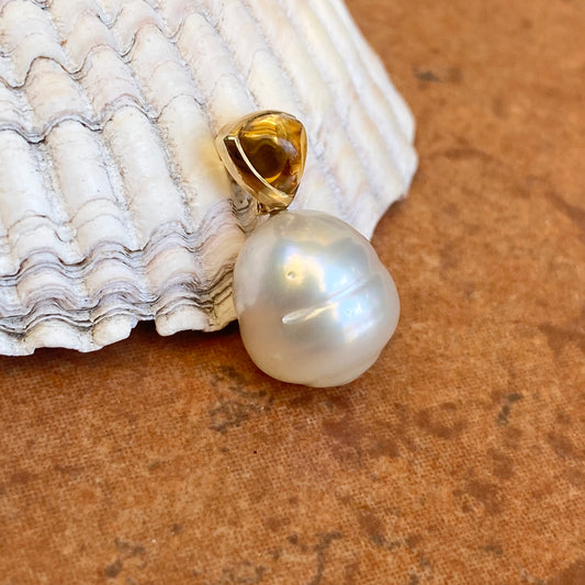 14KT Yellow Gold Golden Citrine + 11mm Paspaley South Sea Pearl Pendant - Legacy Saint Jewelry
