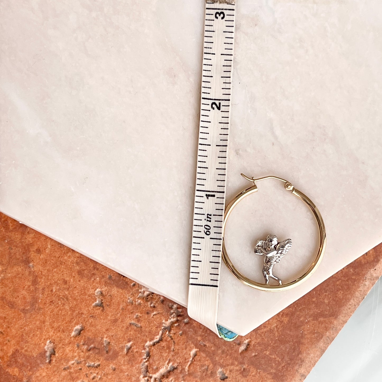 14KT Yellow Gold + White Rhodium Baby Angel Tube Hoop Earrings 30mm