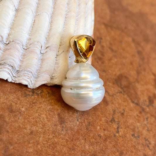 14KT Yellow Gold Trillion Citrine + 10mm Paspaley South Sea Pearl Pendant