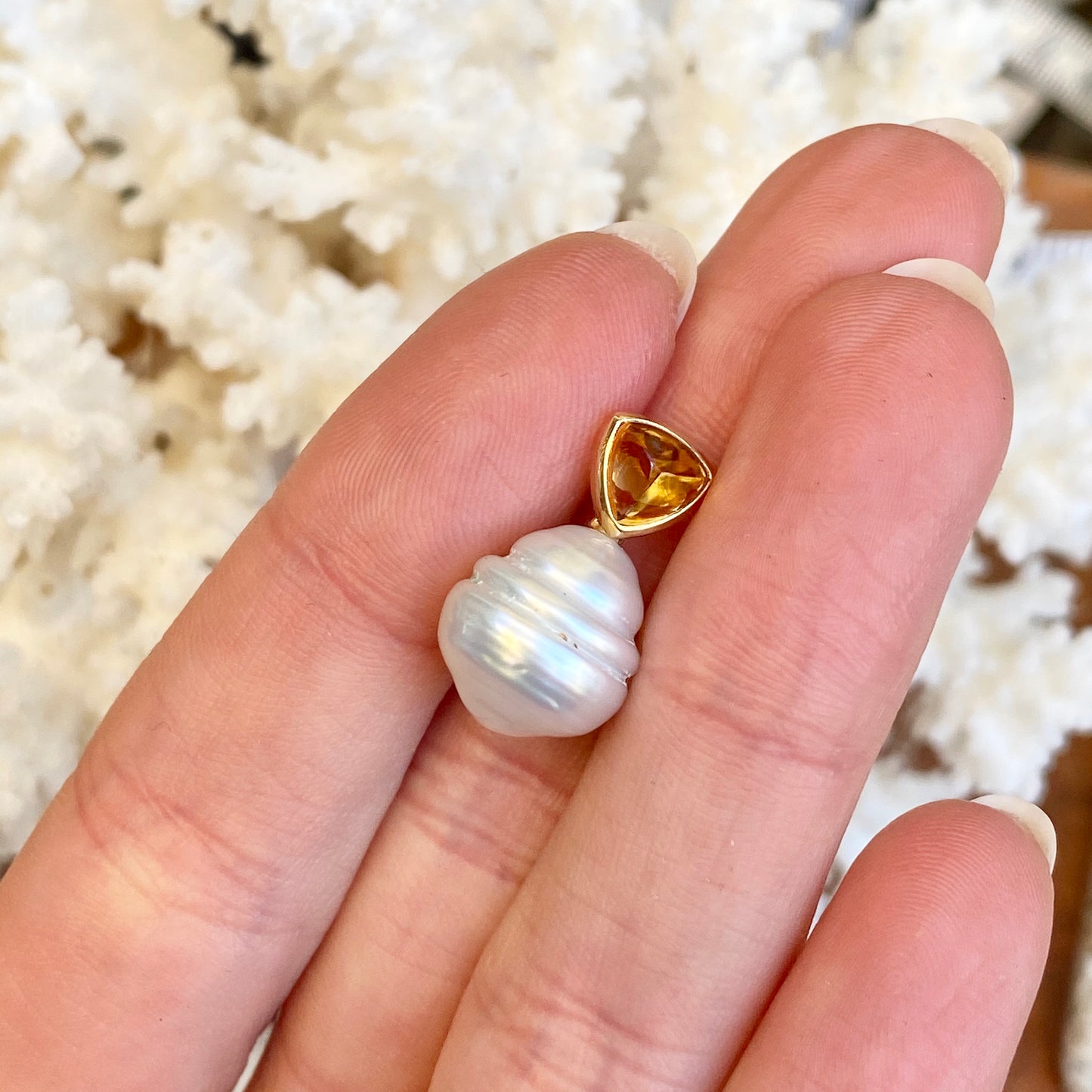 14KT Yellow Gold Trillion Citrine + 10mm Paspaley South Sea Pearl Pendant