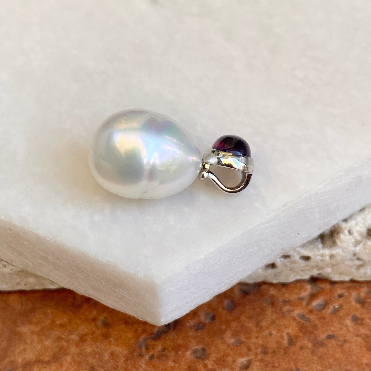 14KT White Gold Cabochon Amethyst + 11mm Paspaley South Sea Pearl Pendant Slide #1 - Legacy Saint Jewelry