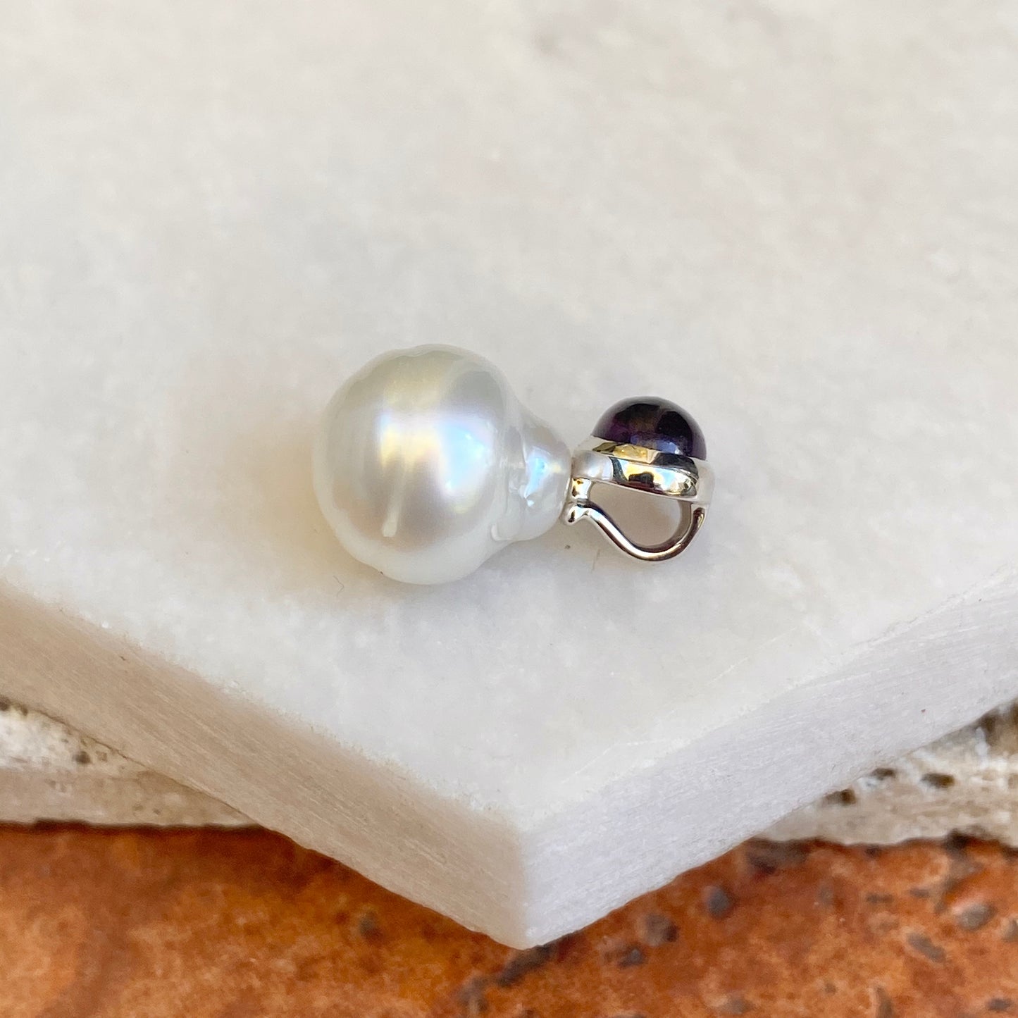 14KT White Gold Cabochon Amethyst + 11mm Paspaley South Sea Pearl Pendant Slide #2