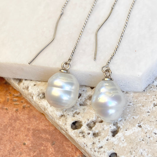 14KT White Gold Diamond-Cut Ball Chain 11mm Pasapley Pearl Threader Earrings