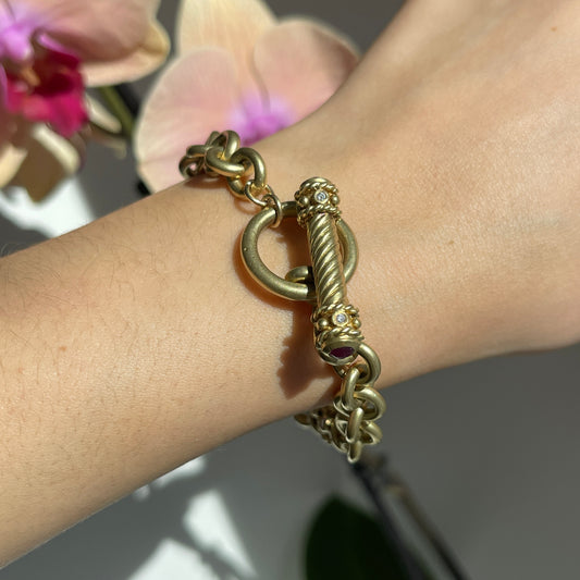 Estate 14KT Yellow Gold Byzantine Rolo Diamond + Ruby Toggle Bracelet