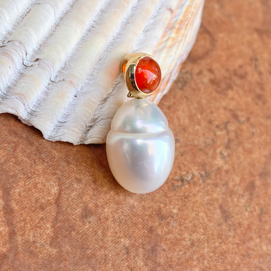 14KT Yellow Gold Red Carnelian Cab + 10mm Paspaley South Sea Pearl Pendant