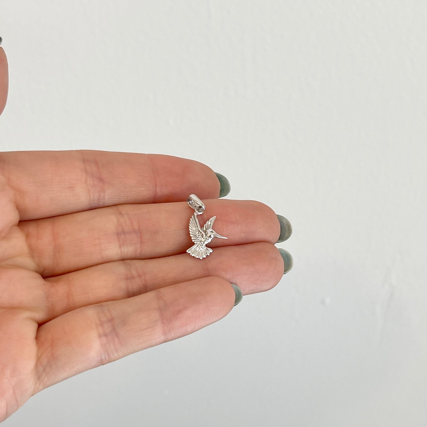 14KT White Gold Flying Detailed Hummingbird Pendant