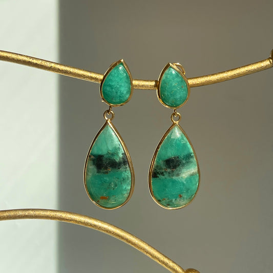 18KT Yellow Gold Cabochon Teardrop Bezel-Set Colombian Emerald Earrings - LSJ