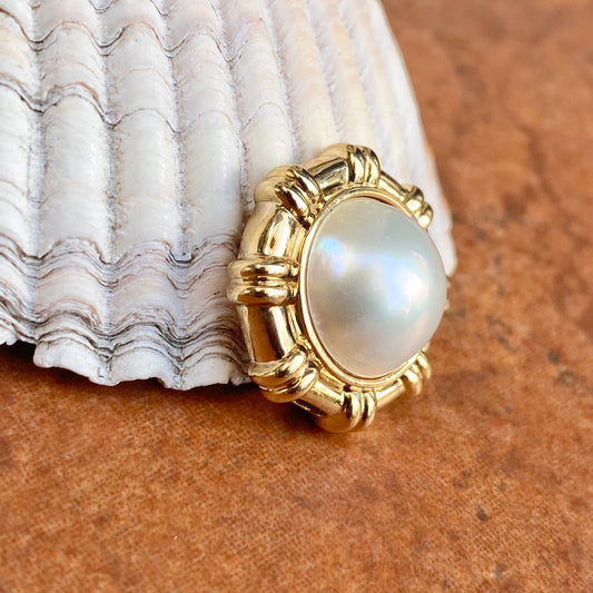 14KT Yellow Gold Detailed Round White Mabe Pearl Pendant Slide