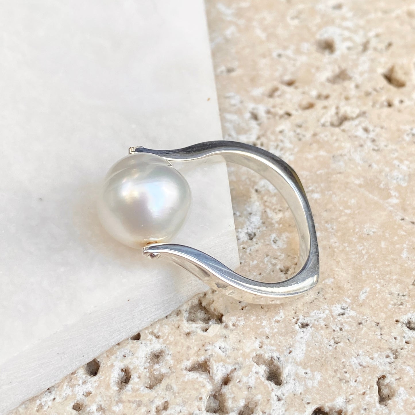 Sterling Silver Genuine 12mm Paspaley South Sea Pearl Modern Ring - Legacy Saint Jewelry