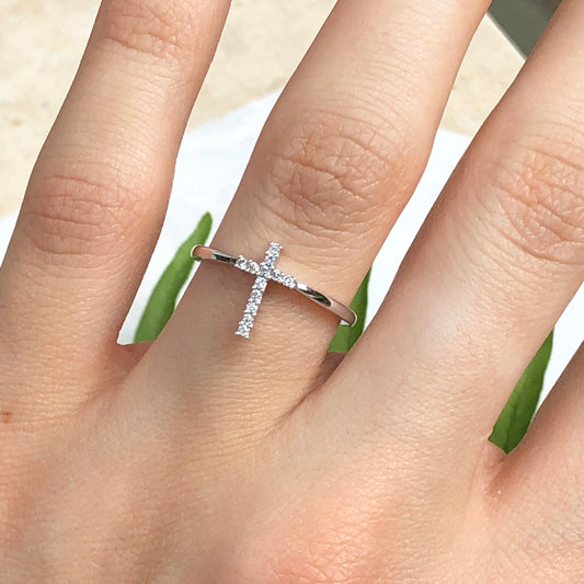 14KT White Gold + Pave Diamond Cross Ring - Legacy Saint Jewelry