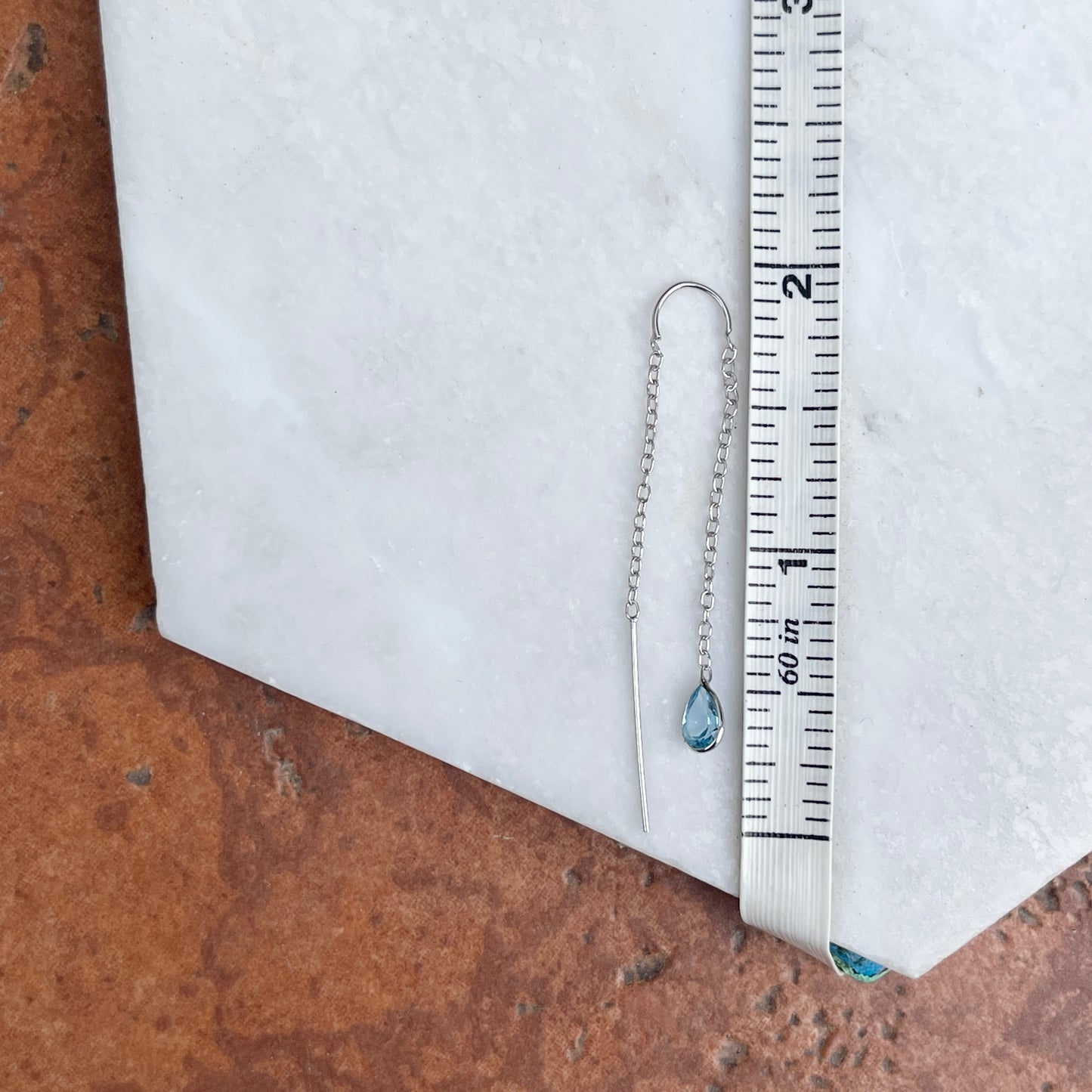 14KT White Gold Teardrop Swiss Blue Topaz Threader Earrings