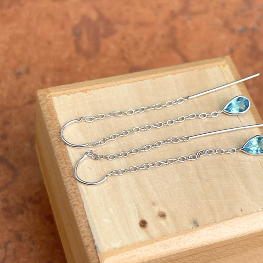 14KT White Gold Teardrop Swiss Blue Topaz Threader Earrings