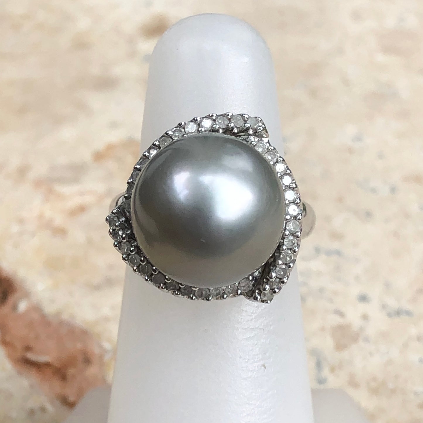 Estate 14KT White Gold Diamond + Gray Tahitian Pearl Cluster Ring Size 5, Estate 14KT White Gold Diamond + Gray Tahitian Pearl Cluster Ring Size 5 - Legacy Saint Jewelry
