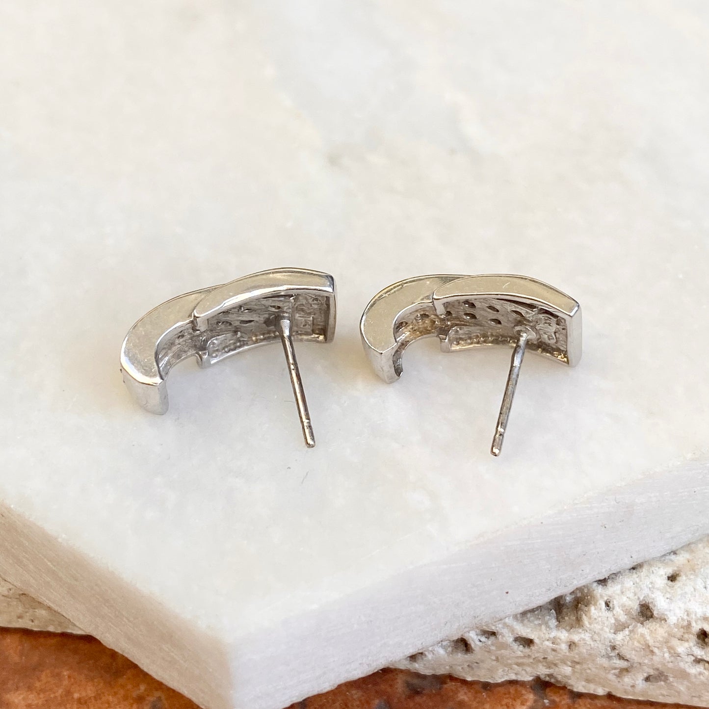 Estate 14KT White Gold 1/3 CT Pave Diamond Half-Hoop Belt Buckle Domed Earrings - Legacy Saint Jewelry