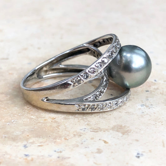 Estate 14KT White Gold Pave Diamond + Tahitian South Sea Pearl Ring Size 7 - Legacy Saint Jewelry