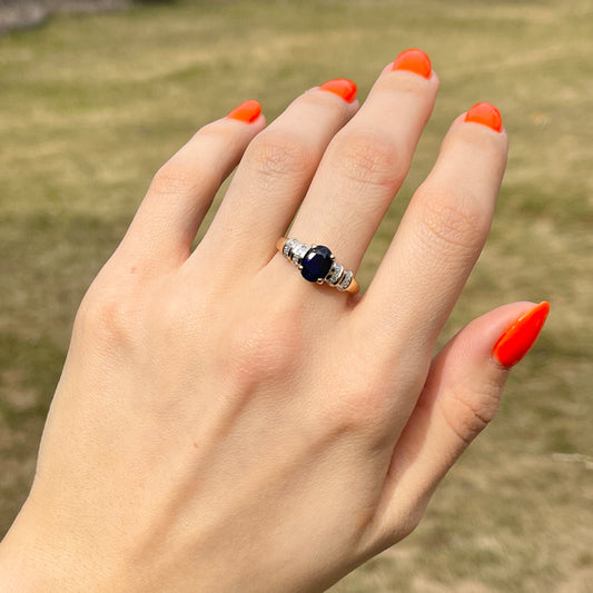 Estate 14KT Yellow Gold Oval 1.85 CT Blue Sapphire + Baguette Diamond Ring