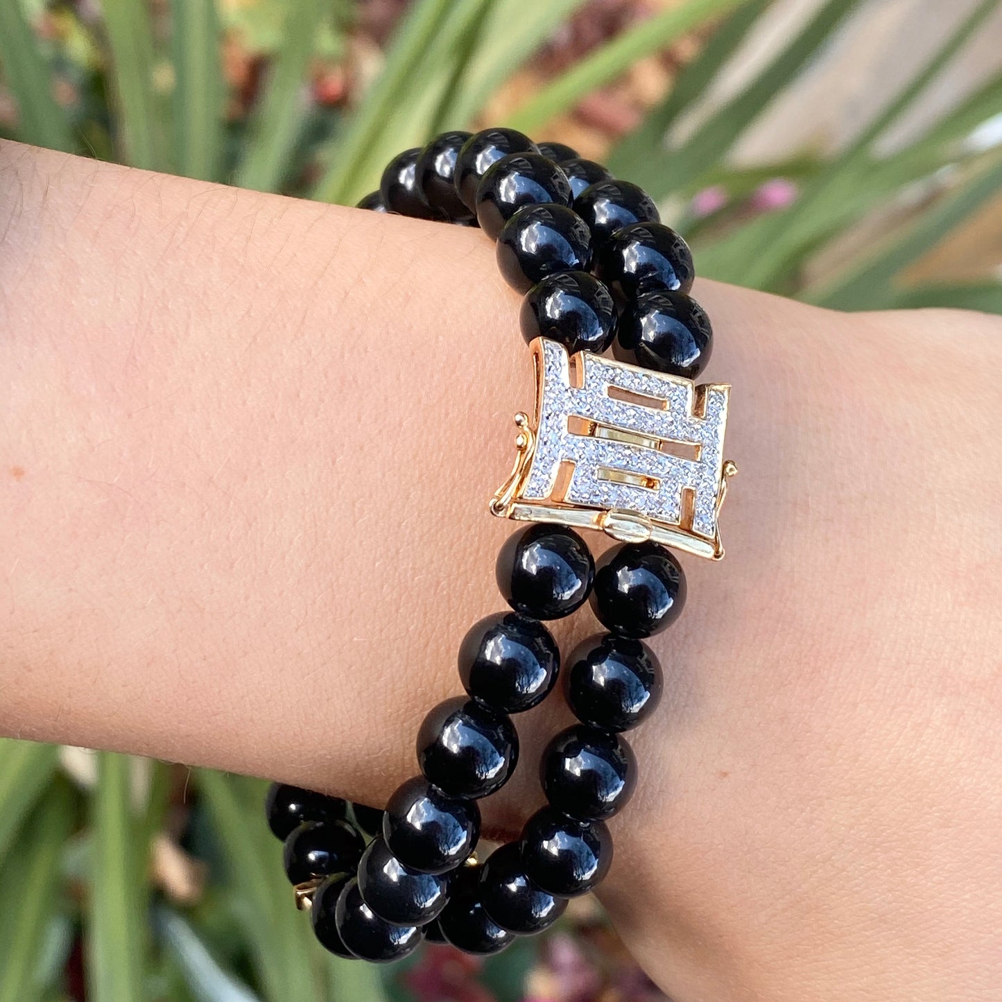 Estate 14KT Yellow Gold Black Onyx + .08 CT Pave Diamond Double Row Beaded Bracelet - Legacy Saint Jewelry