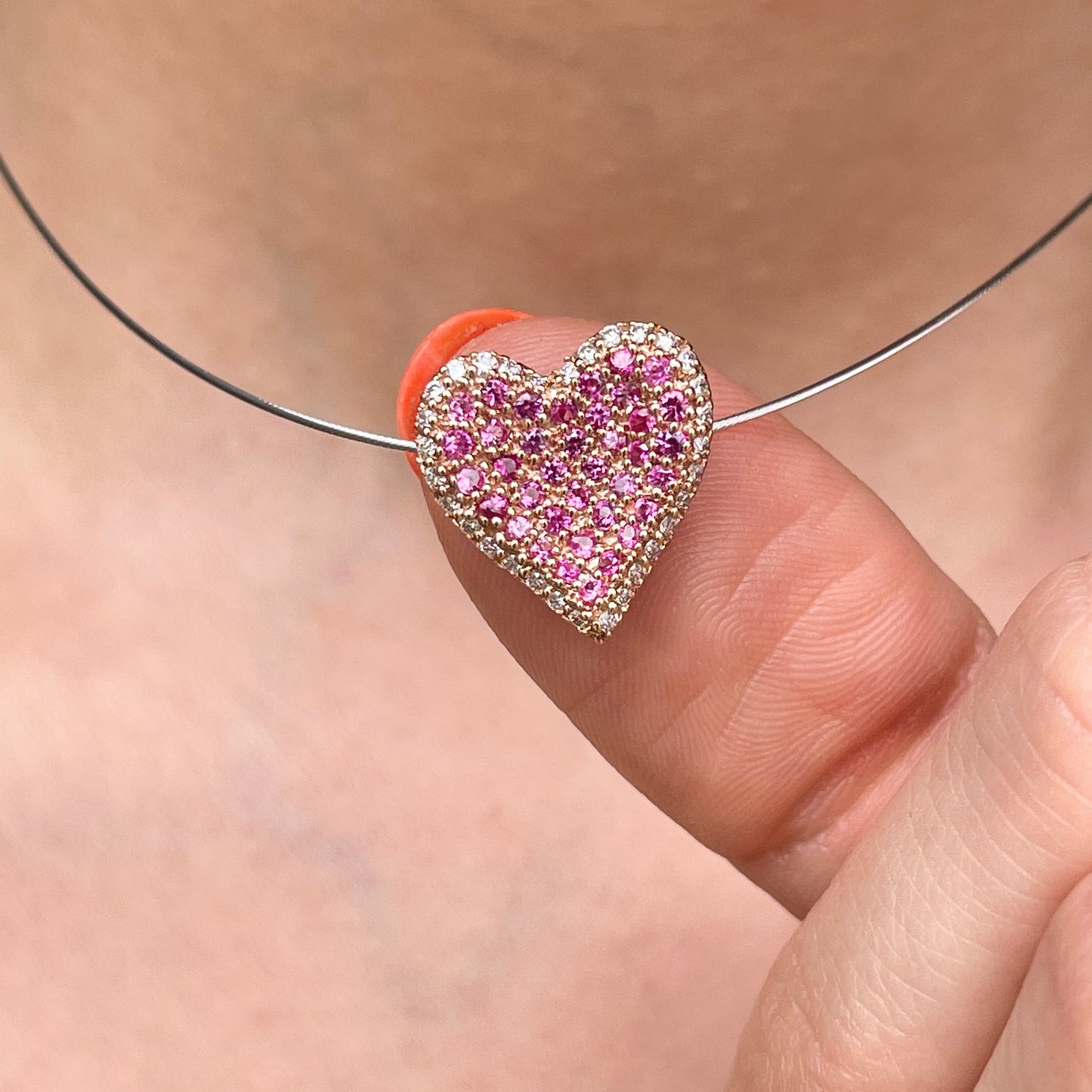 14KT Rose Gold Pave Pink Sapphire + Diamond Heart Slide Pendant