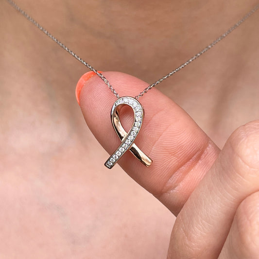 10KT Rose Gold Diamond Breast Cancer Awareness Ribbon Pendant Slide