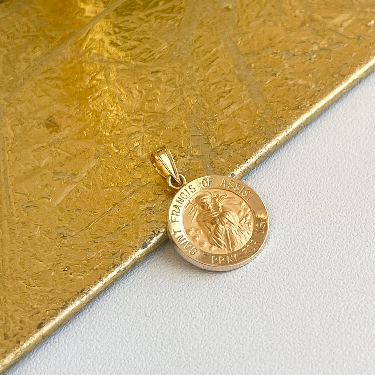 14K Gold Plate overlay Sterling Silver Saint St Francis Medal， 7