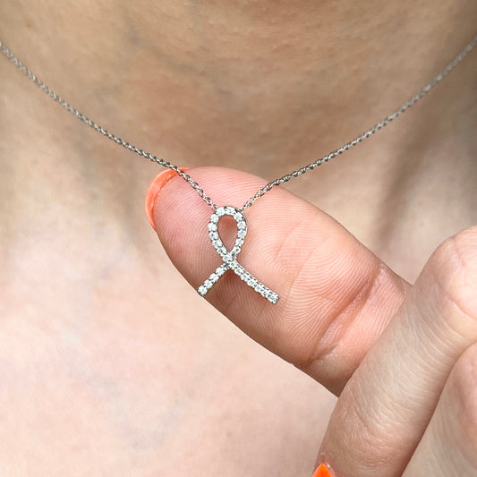 14KT White Gold 1/10 CT Diamond Breast Cancer Awareness Ribbon Pendant Slide