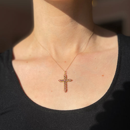 Estate 18KT Yellow Gold Open Work Blue Sapphire + Ruby Cross Pendant 30mm - LSJ