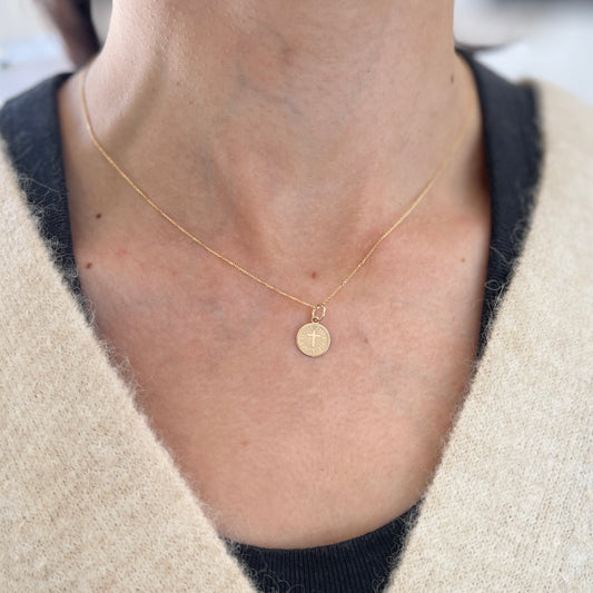 14KT Yellow Gold Round Baptism Cross Medal Pendant 10mm