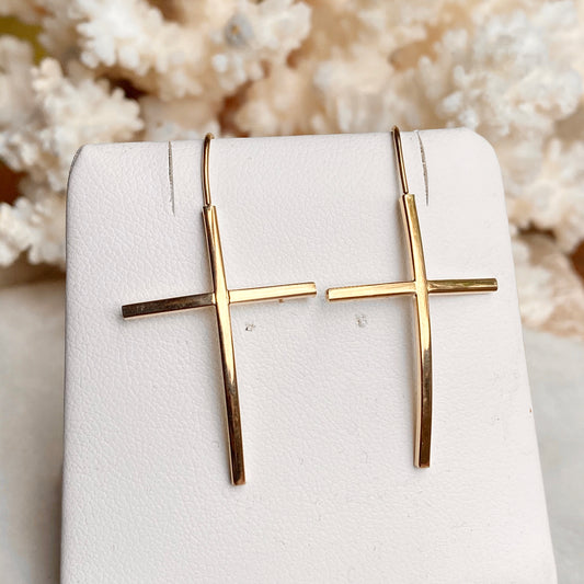 14KT Yellow Gold Curved Cross Ear Wire Dangle Earrings, 14KT Yellow Gold Curved Cross Ear Wire Dangle Earrings - Legacy Saint Jewelry
