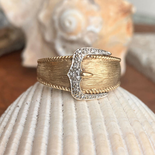 Estate 14KT Yellow Gold + White Gold Pave Diamond Belt Buckle Ring