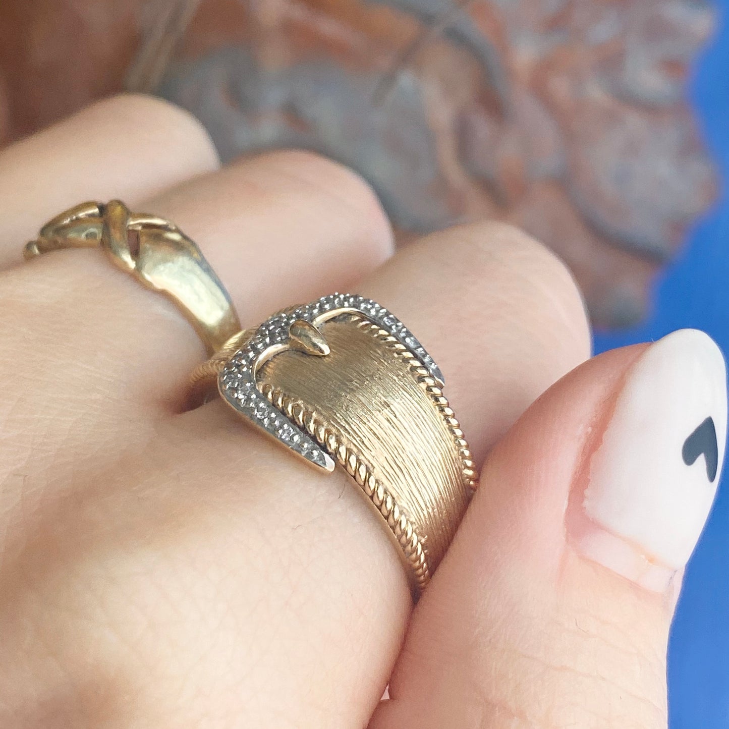 Estate 14KT Yellow Gold + White Gold Pave Diamond Belt Buckle Ring