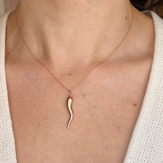 14KT Rose Gold Medium "Cornicello" Italian Horn Pendant Charm 30mm