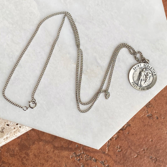 Sterling Silver Antiqued Saint Sebastian Round Medal Pendant Chain Necklace 18", Sterling Silver Antiqued Saint Sebastian Round Medal Pendant Chain Necklace 18" - Legacy Saint Jewelry