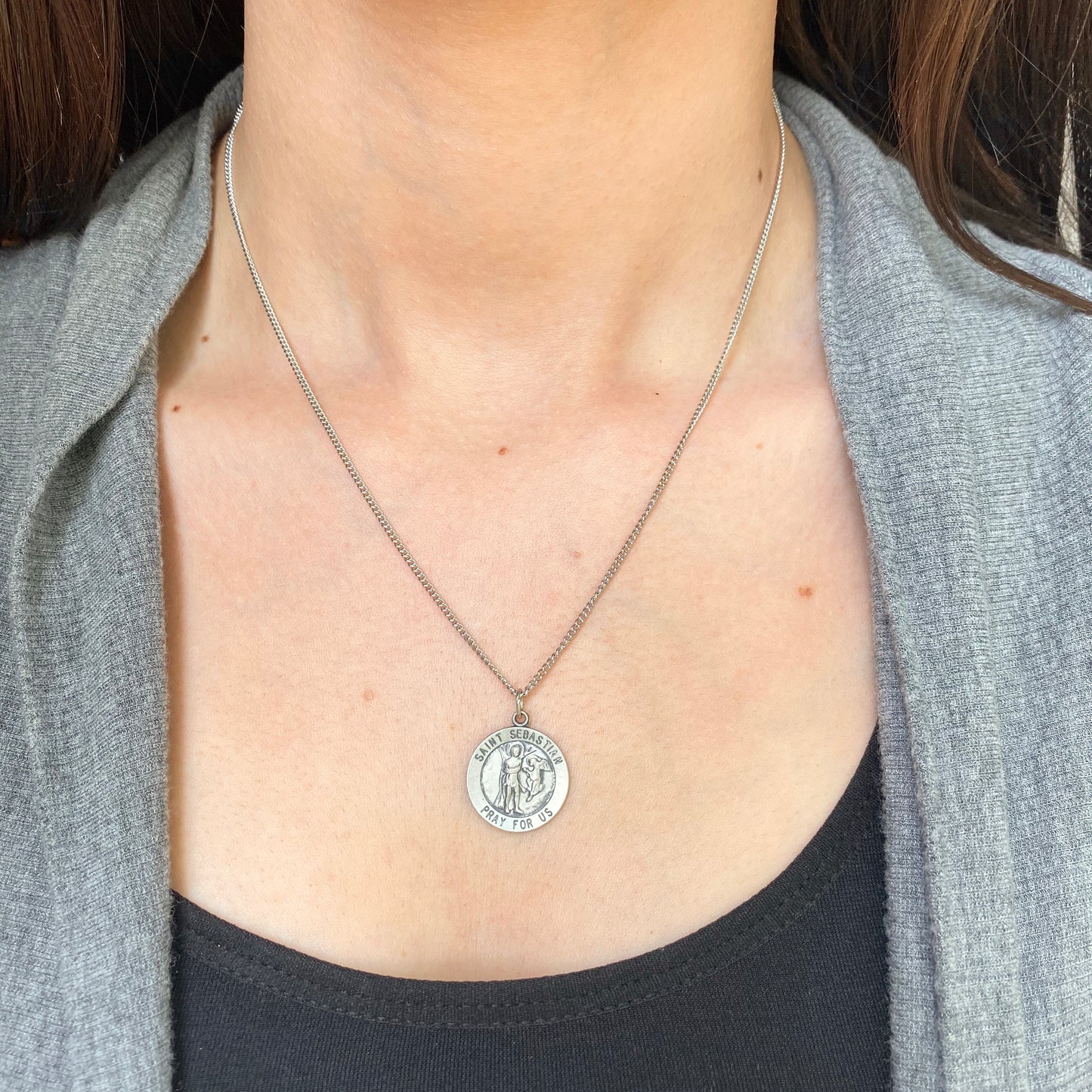 Sterling Silver Antiqued Saint Sebastian Round Medal Pendant Chain Necklace 18", Sterling Silver Antiqued Saint Sebastian Round Medal Pendant Chain Necklace 18" - Legacy Saint Jewelry
