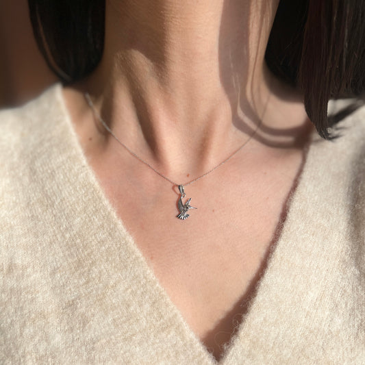 14KT White Gold Flying Detailed Hummingbird Pendant