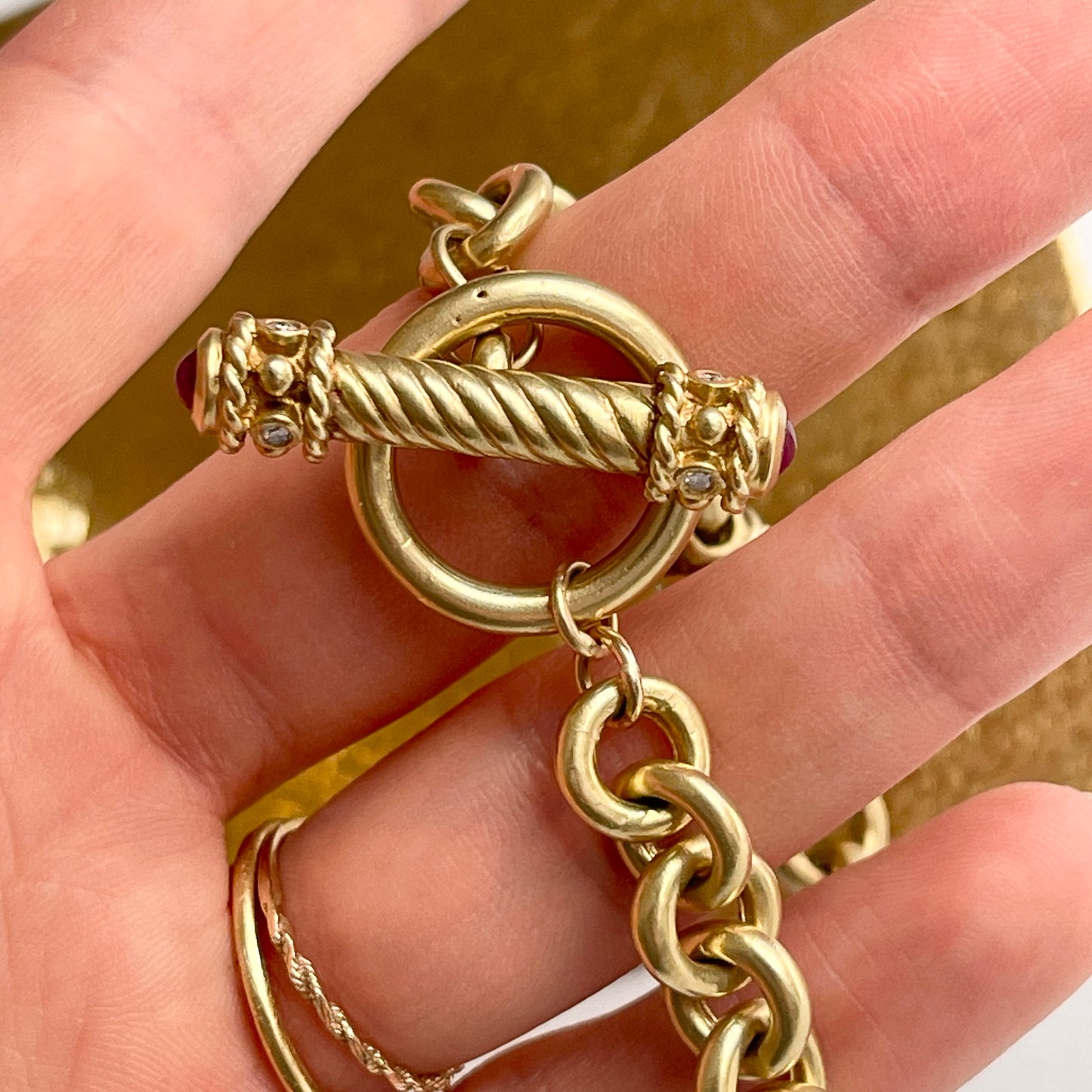 Estate 14KT Yellow Gold Byzantine Rolo Diamond + Ruby Toggle Bracelet