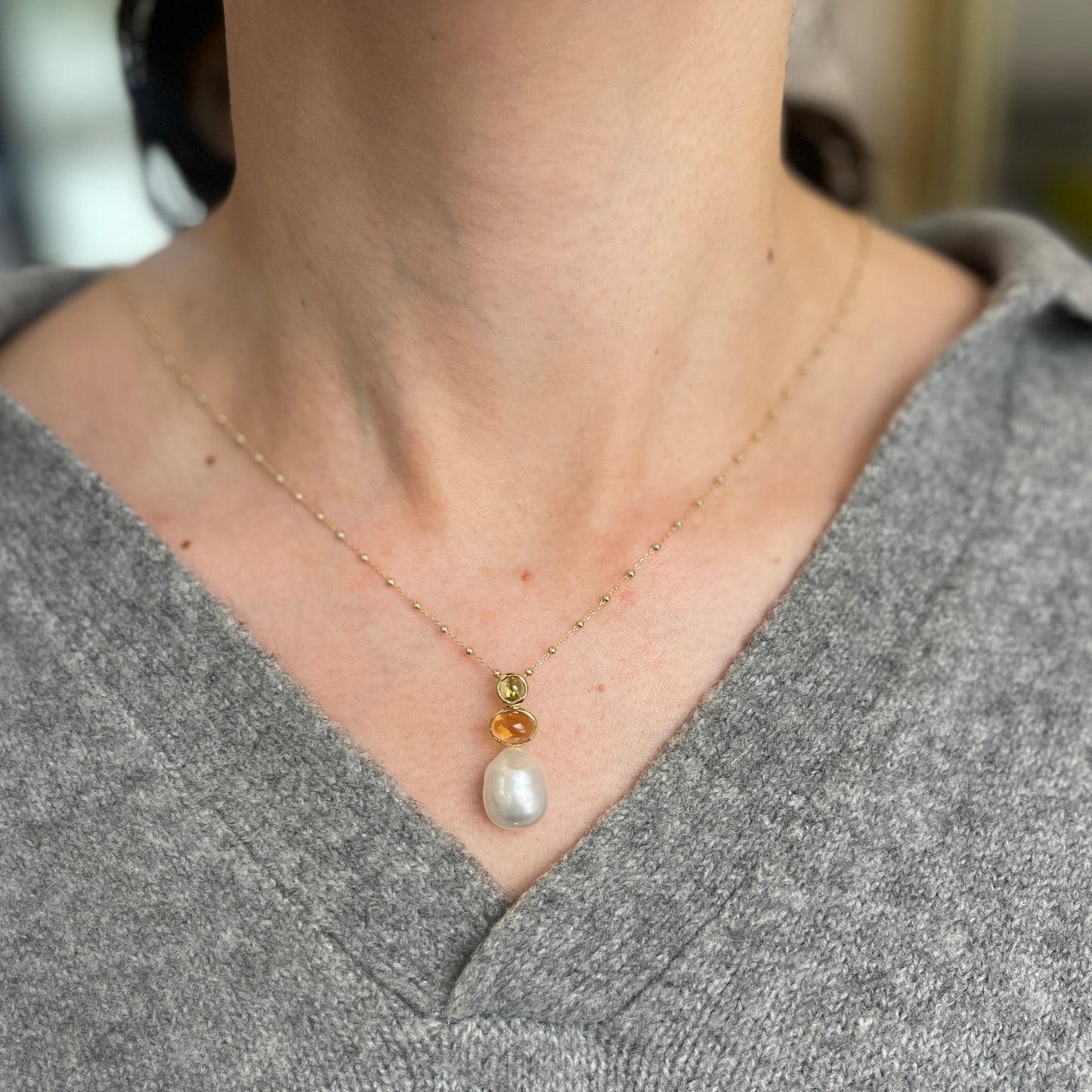 Estate 14KT Yellow Gold Peridot, Citrine, + Paspaley Pearl Pendant Slide