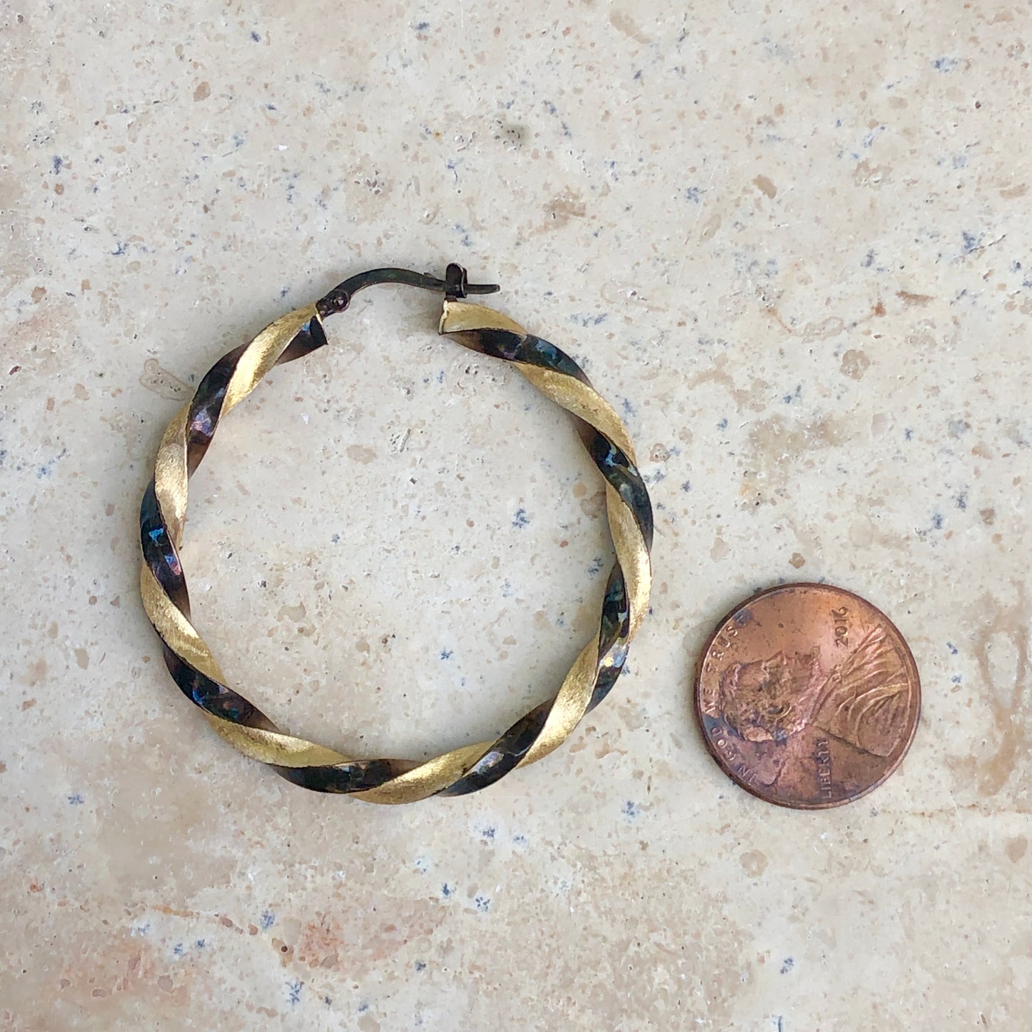 Estate 14KT Yellow Gold + Chocolate Gold Twist Swirl Hoop Earrings 44mm - Legacy Saint Jewelry