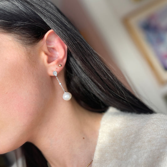 14KT White Gold Paspaley South Sea Pearl + Pave Diamond Dangle Earrings