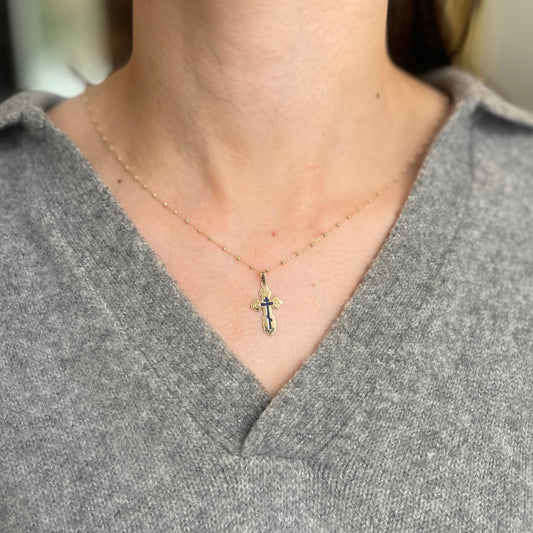 14KT Yellow Gold + Blue Enamel Eastern Orthodox Cross Pendant 22mm