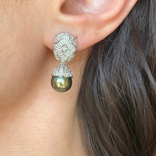 Estate 18KT White Gold Pave Diamond Filigree Omega Back Tahitian Pearl Earrings