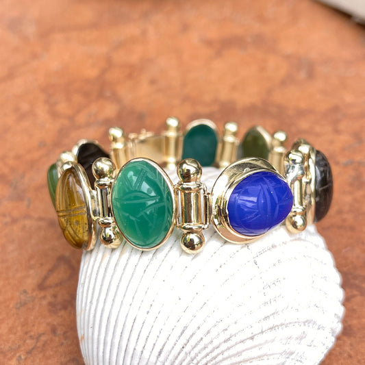 Estate 14KT Yellow Gold Oval Scarob Gemstone Link Bracelet