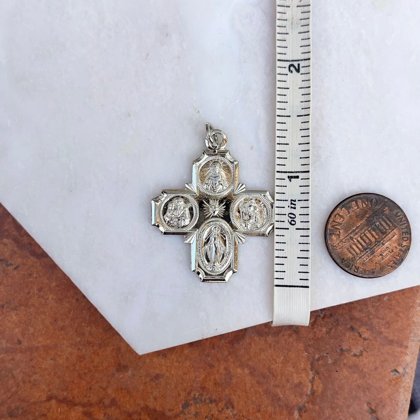 Sterling Silver Polished Four Way Catholic Cross Medal Pendant 30mm