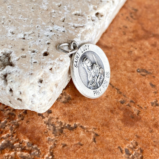 Sterling Silver Antiqued Saint Lucy Round Medal Pendant Charm 15mm