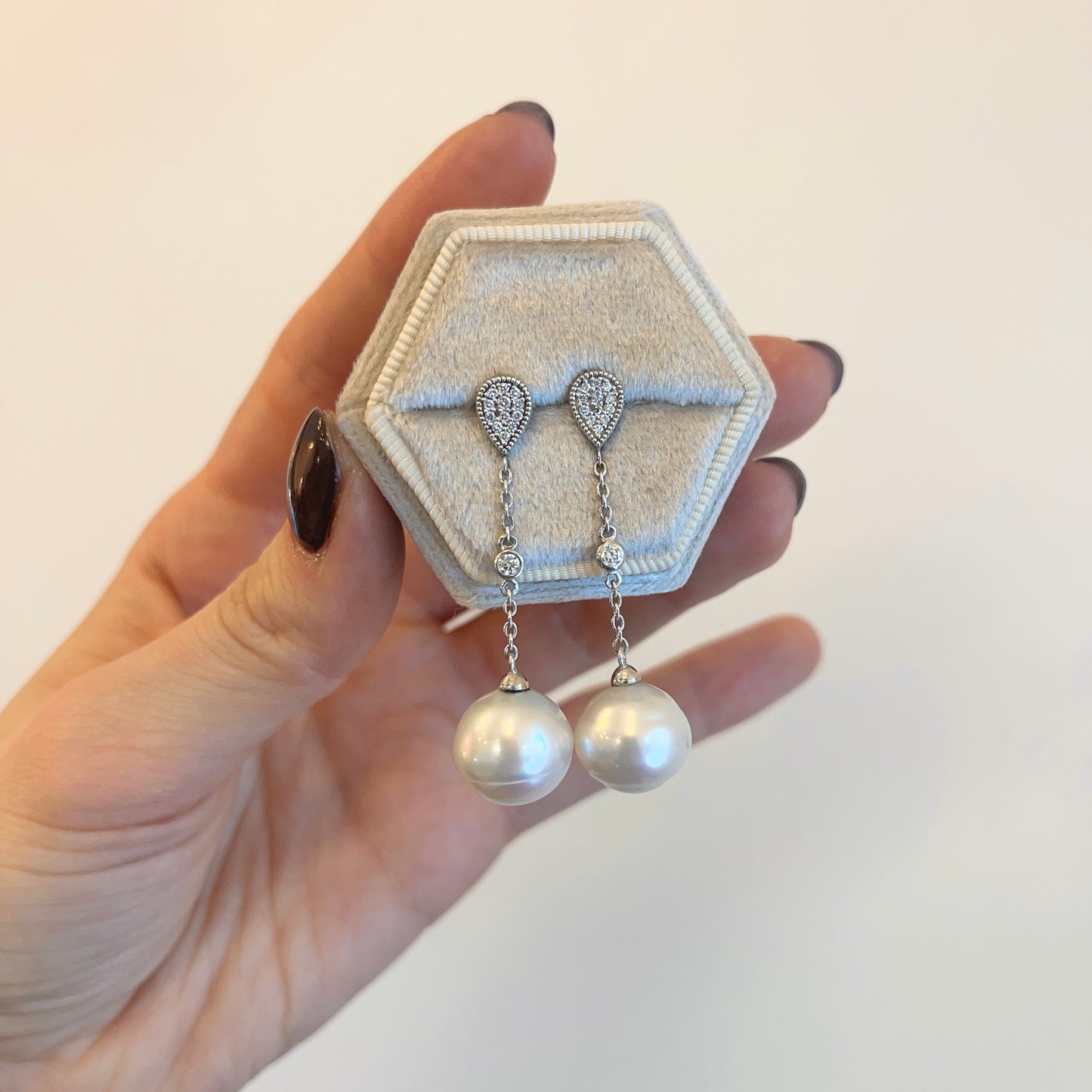 14KT White Gold Paspaley South Sea Pearl + Pave Diamond Dangle Earrings