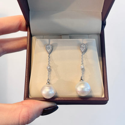 14KT White Gold Paspaley South Sea Pearl + Pave Diamond Dangle Earrings