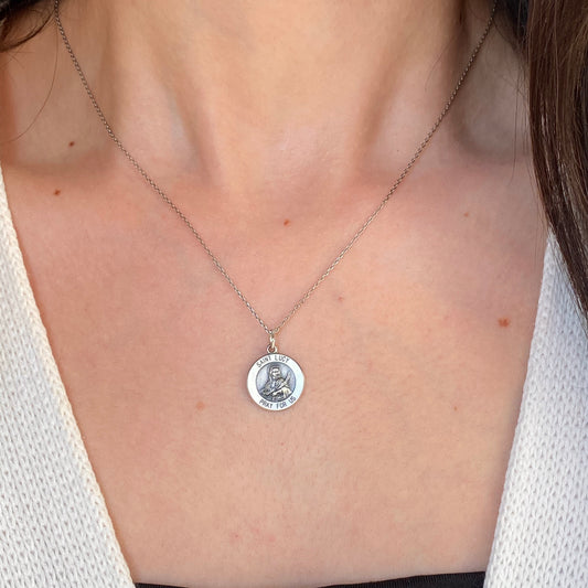 Sterling Silver Antiqued Saint Lucy Round Medal Pendant Charm 15mm - LSJ