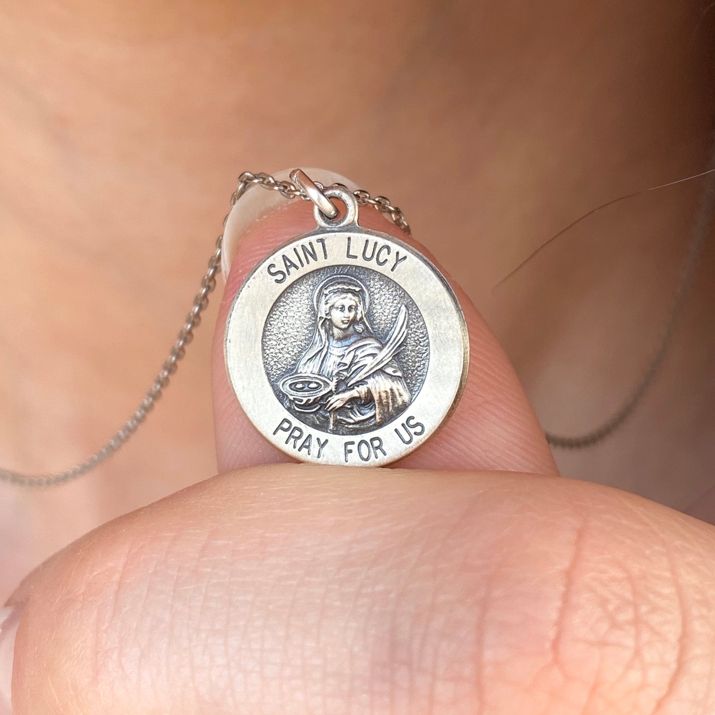 Sterling Silver Antiqued Saint Lucy Round Medal Pendant Charm 15mm